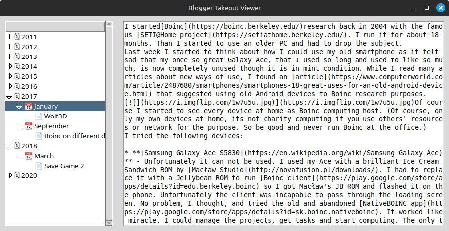 A screenshot of a simple app window. On the left hand side there is a tree structure showing posts by the date of their publishing. On the right hand side there is a large text pane showing the content of the post.