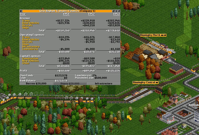 A screenshot of the open source remake. You can see an orthographic 3d landscape with trees, cities, roads, trucks, rails and trains. There is a grey finance pane open showing the last tree years' opex, capex and revenue in details.
