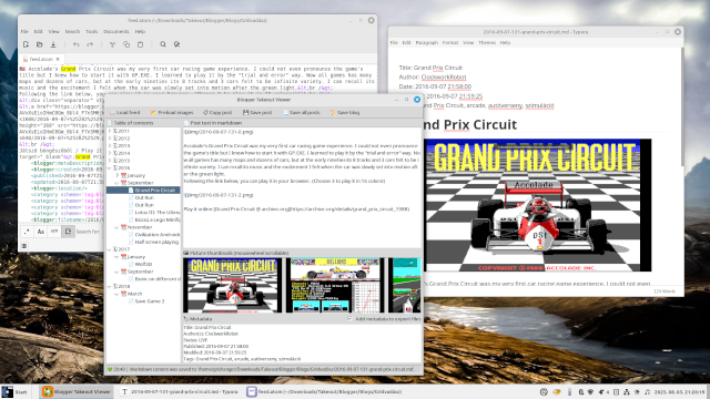 A screenshot of a Linux Mint desktop with a Skyrim background. Three windows are open. The first one is a text editor displaying the raw feed of an old blog of mine. In the foreground there is the Blogger Takeout Viewer app displaying the same post in a cleaned-up Markdown format. On the left side of the app, there is a tree structure showing the posts by date. On the right, there is the cleaned text. Below it are the thumbnails of the images and the metadata of the post. At the top there are buttons offering load, copy, and export options. Behind the Blogger Takeout Viewer on the right, there a WYSIWYG Markdown editor called Typora that shows the exported result of the same post.