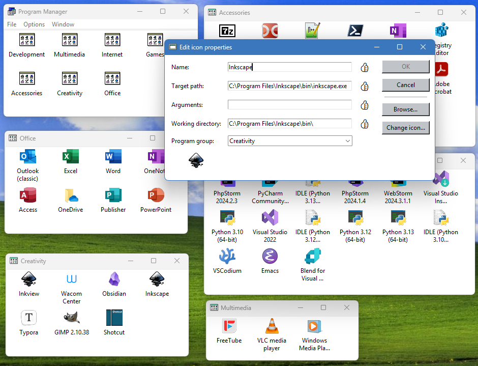 A Program Manager clone written in Python runs on Windows 11. Applications are organized into thematic groups that can be shown or hidden based on the user's needs for the current session. An open panel shows how to edit an automatically created icon. Emojis indicate whether the fields are valid. In the background you can see Windows XP's default wallpaper, Bliss, featuring green hills and a blue sky with clouds.