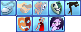 There are icons in two lines. The first line has five of them: a computer mouse, two shaking hands, a man looking through a magnifying glass, a laughing mask, a bowing silhouette. The second line has three icons: a somewhat crazy mask that is crying and smiling at the same time, a figure of woman touching her forehead theatrically, and a blushing head that trying to hide behind its own hair.
