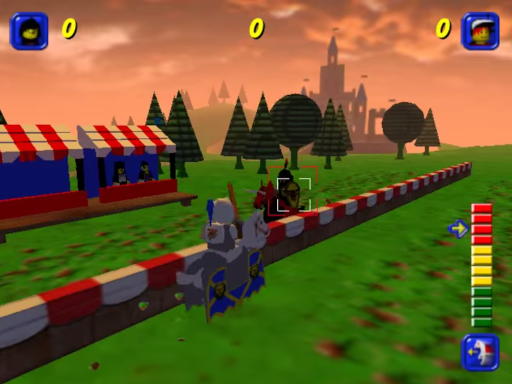 Two Lego knights are rushing towards each others on horseback with lances in their hands. There are small tents with spectators behind them. In the background there are Lego trees and a silhouette of a castle. The whole image is really low-poly and blurry.
