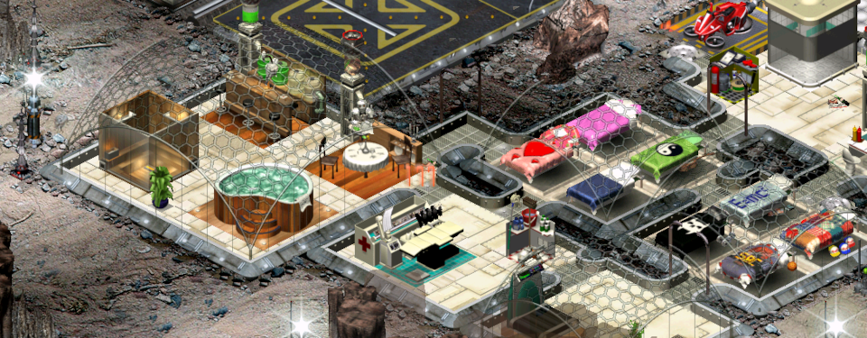 Biodomes of a planetary base with their roof being transparent. You can see two smaller biodomes acting as sleeping quarters. Each bed has different bedspreads mirroring their owner's taste. Next to them there are other biodomes with sports and medical facilities. There is also bigger recreational biodome with bar, restaurant hot tub and sauna.