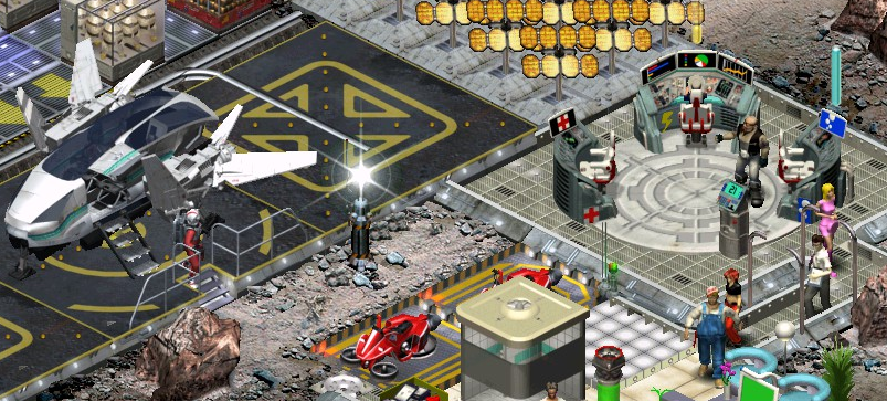 A planetary base from above with roof off. On the left, there is an astronaut boarding off a shuttle. On the right, inside the base, lots of different people tending their jobs: a farmer boy, an urban girl, a geeky Russian scientist, a girl dressed in full pink, a muscular bald Norwegian man dressed after his love of metal music.