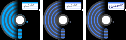 This is a 5.25-inch floppy disk that hides a 1982 Tron-style identity disk inside. There is a disk label on the top right. There are three variations of this logo. The second and third variations have corrected colors for the identity disc. The first two have the word "Gridranger" written in a typeface that imitates handwriting. The last logo has the same text written in my actual handwriting.