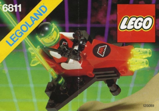 Box artwork of a Lego set from 1990. It features a small red spacecraft with light neon green accessories.
