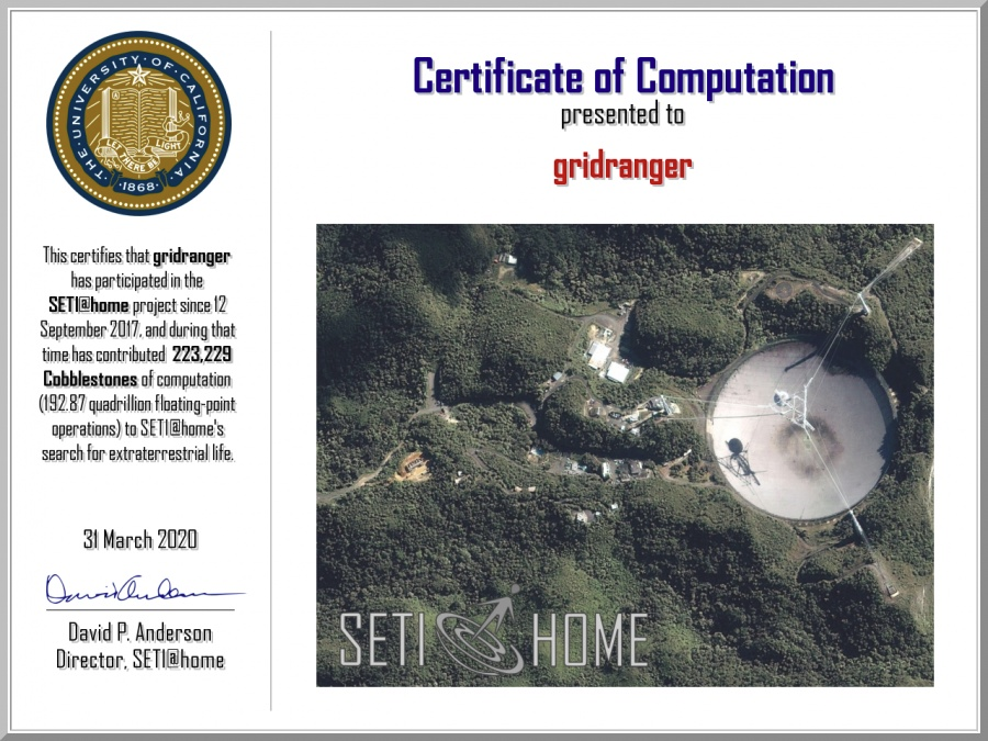 This is a certificate dated March 21, 2020, from SETI@Home regarding the work I have done since starting to use my new username. The certificate features an aerial view of the Arecibo Observatory.
