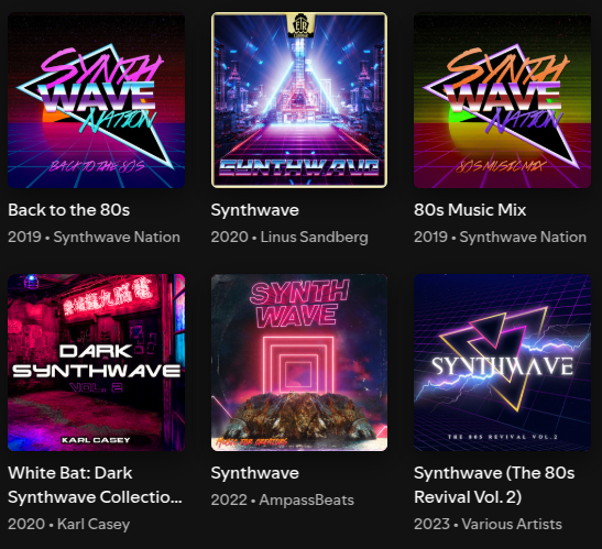 Screenshot of Synthwave album covers from Spotify. 4 out of 6 feature a neon grid.