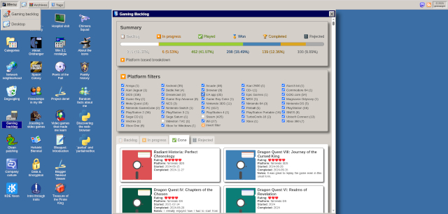 This is a screenshot of the blog with the Gaming Backlog page open. Colorful statistics and filter checkboxes are visible. In the lower part of the picture, some game data is visible. Each game has a colorful floppy disk icon in its own color.