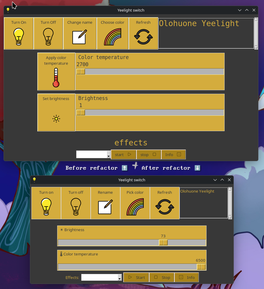 Two versions of the same application. They feature the same functions like turning the lights on and off, changing color, color temperature, brightness or predefined scenes of the selected smartbulbs. The newer version is smaller as it has two less buttons and smaller font size. The color of the widgets are light and dark yellow (old gold and reef gold) while the background of the application is dark gray (mineshaft grey).