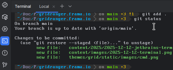 A screenshot of my PyCharm Terminal using a custom font, zsh with p10k custom theme. It shows the output of a git status command from this blog's own repo.