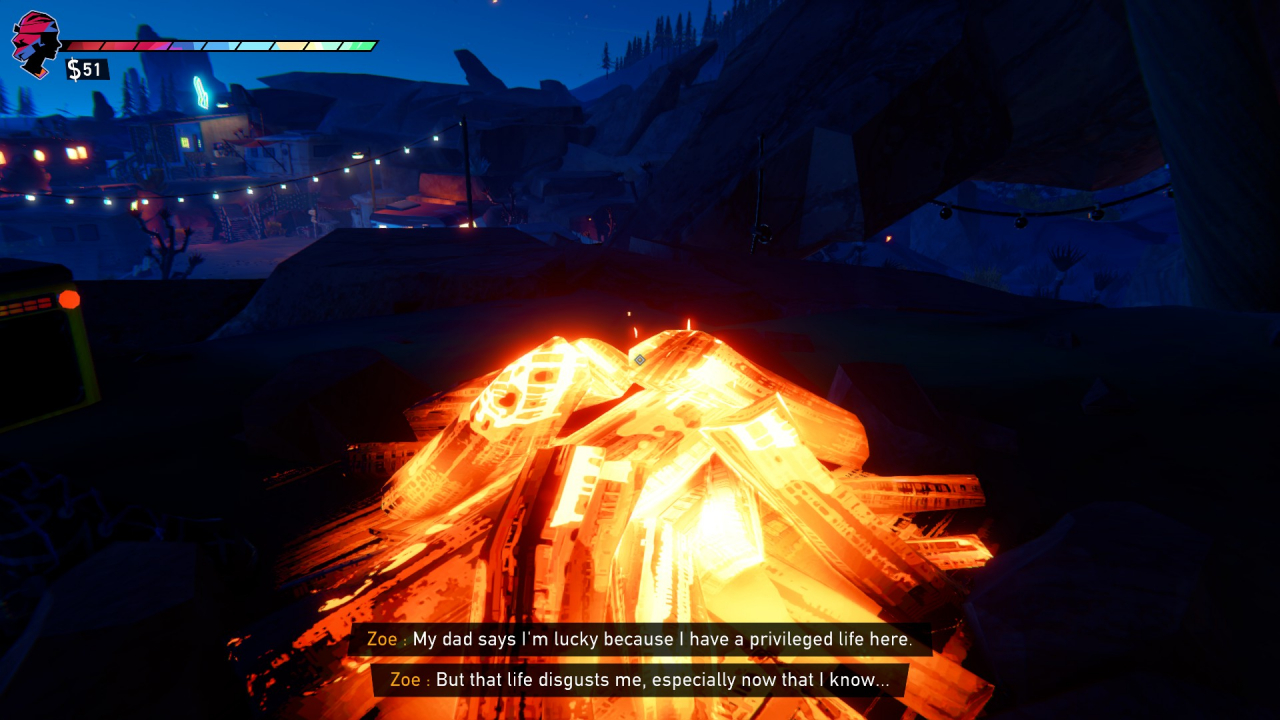 Campfire at night. Beyond the fire lies a valley. In the valley, there is a campsite with caravans. The lights of windows and string lights are visible. On the right, the corner of a portable radio can be seen. There are captions on the picture quoting Zoe, a character in the game: "My dad says I'm lucky because I have a privileged life here. But that life disgusts me, especially now that I know..."
