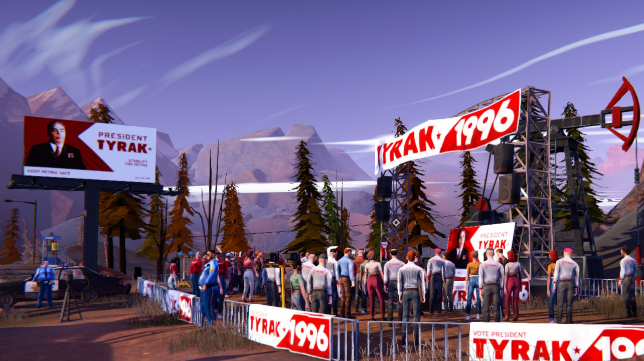 A crowd waits for the inauguration of an oil well. Everyone is wearing the ruling party’s baseball caps, jackets, and T-shirts. The event’s fencing is lined with banners displaying the words "Tyrak 1996". In the background, a roadside billboard displays a portrait of a balding man in a suit against a red backdrop, with the caption: "President Tyrak." The area is surrounded by a disproportionate number of patrol cars and police officers for the size of the crowd. A few pine trees stand in the background, with mountains visible in the distance.