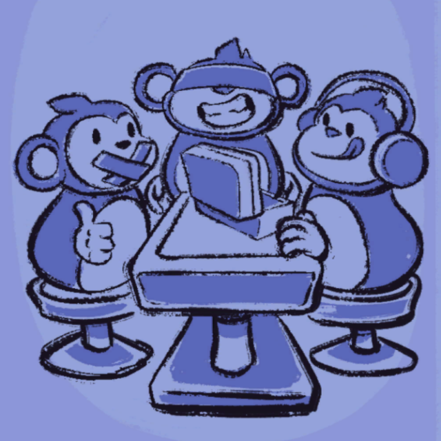 A drawn picture of three monkeys sitting around a table with an open suitcase on it.