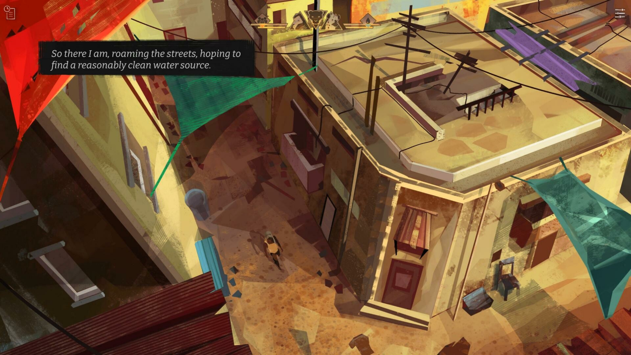Hand-painted view from above of a deserted city street. A single person is walking down the street. The speech bubble says: “So there I am, roaming the streets, hoping to find a reasonably clean water source. Screenshot taken from the game End of Lines.”