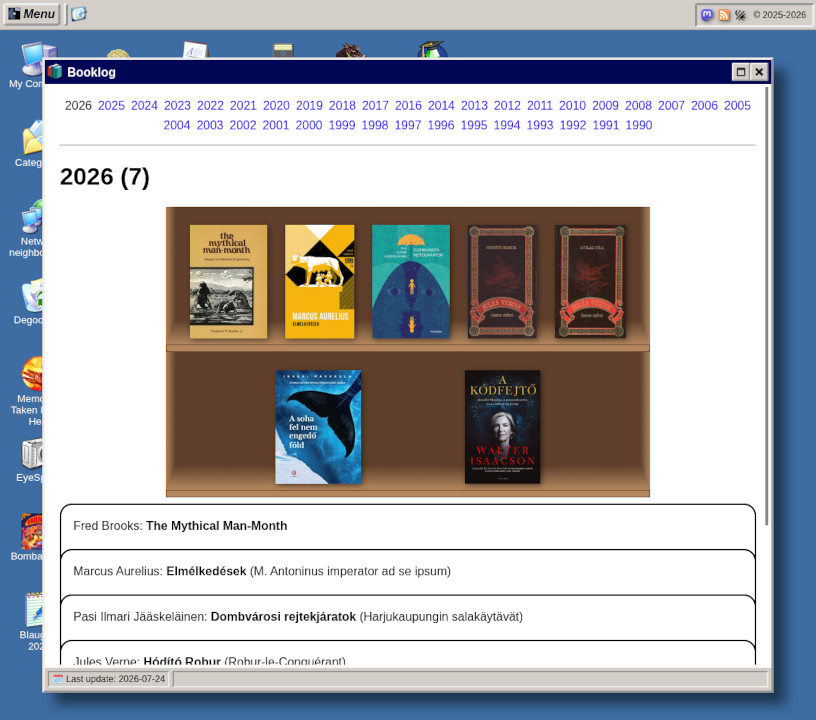 A screenshot of the Booklog. There are seven books I read this year in the display case. Their details are written below.