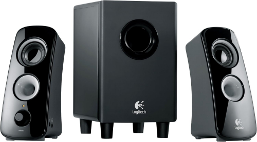 The Logitech Z323: two black speakers and a subwoofer.