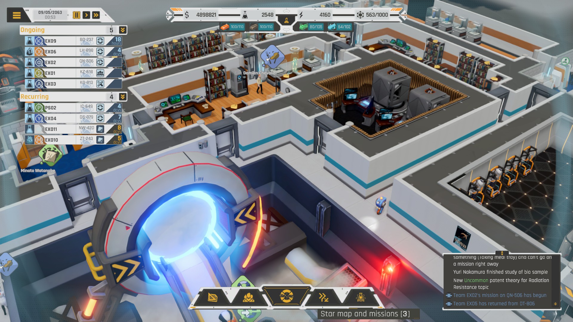 A screenshot from Exogate Initiative showing the base from an overhead perspective through the roof. You can see the open gate and the archaeologists' lab in the background.