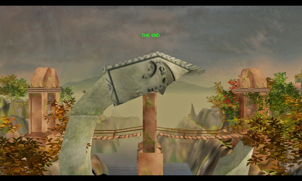 The end scene of the original installment featuring the large broken daoka with a river flowing through it. There's also a bridge in the background.