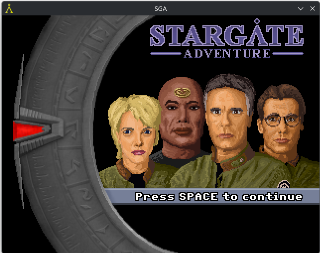 Title page of the Stargate Adventure game. It features the portraits of the SG-1 team members.