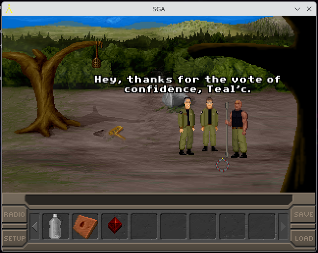 Daniel, Jack and Teal'c talking with a forest in the background. Jack sarcastically says "Hey, thanks for the vote of confidence, Teal'c."
