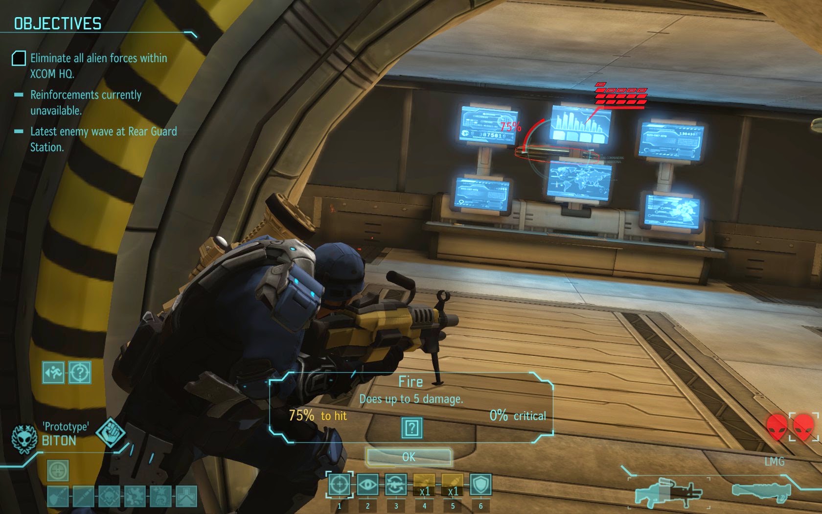 An XCOM soldier hiding in a futuristic structure targets a flying saucer with heavy weapons.