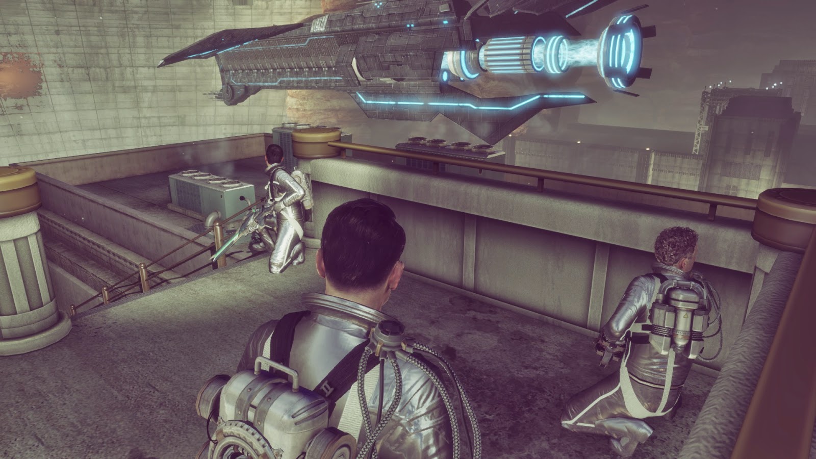 Three men infiltrate an alien landing pad. They wear shiny retrofuturistic space suits without helmets. They have hard metal backpacks and hold futuristic weapons.