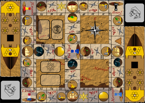A pirate themed board game's board. There are over-the-top images of ships on the sides. On the middle there is a square shaped board with 45 fields. The background is a map of the Caribbean Sea. Some cities are marked with red X on the map: Curacao, Tortuga, Port Royal, Havanna and Martinique.