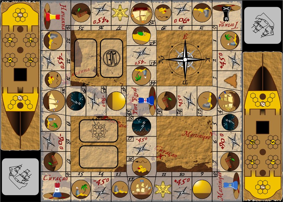 This is the board of a pirate themed desktop board game. It features a map of the Caribbean as the background. Around and across the board there are spaces with different images. Its main colors are the different shades of brown and red to resemble an aged paper map. The images are cartoonish vector drawings.