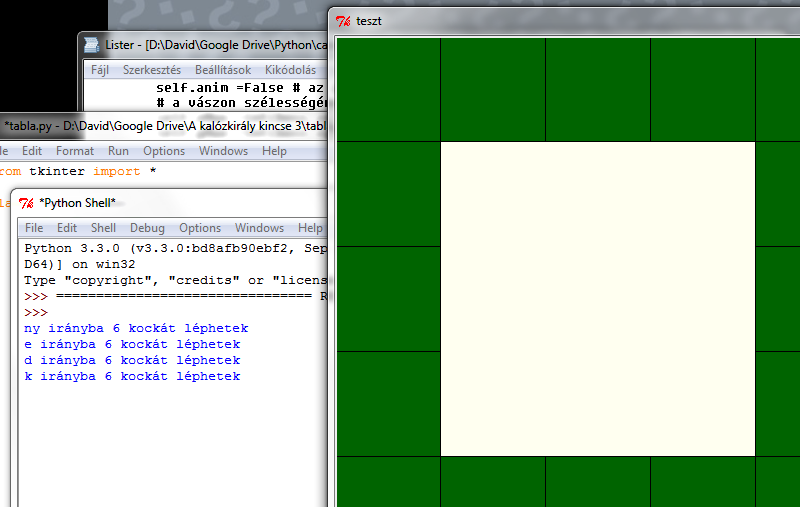 A screenshot where a part of an IDLE (built-in Python editor) window is visible. A Tkinter board with some green spaces on white background is also there.