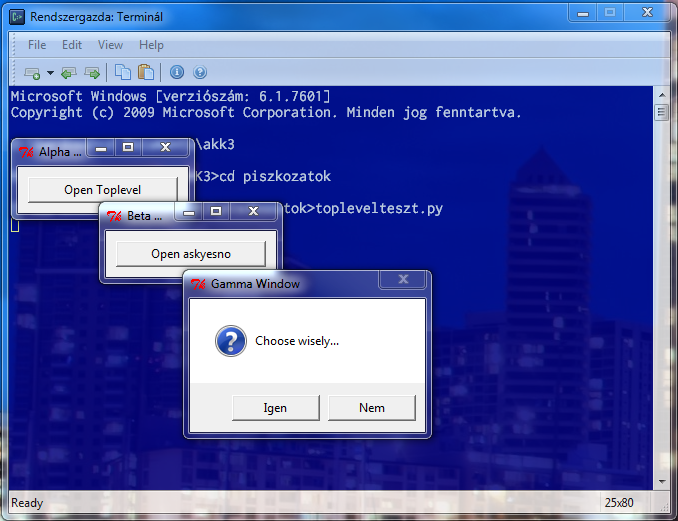 Three small TkInter windows over a PowerShell window. Alpha window is in the background, beta is over it and Gamma is on the top.
